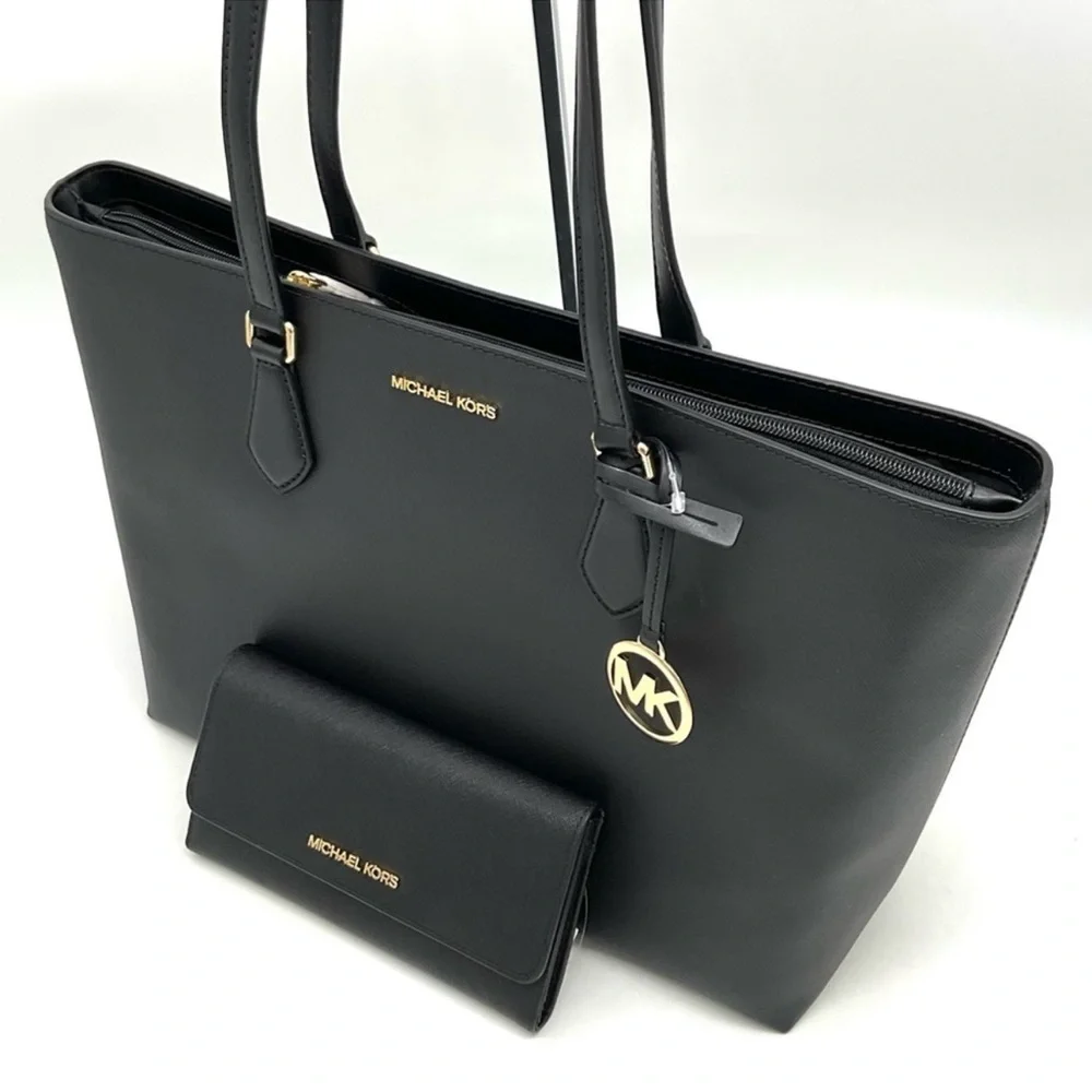 Michael Kors Bag Large Sheila Mf Tote Bag & Large Trifold Wallet Black/Gold
